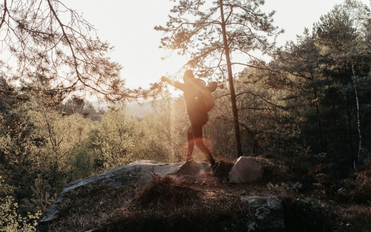 Randonneur dans une forêt au coucher du soleil