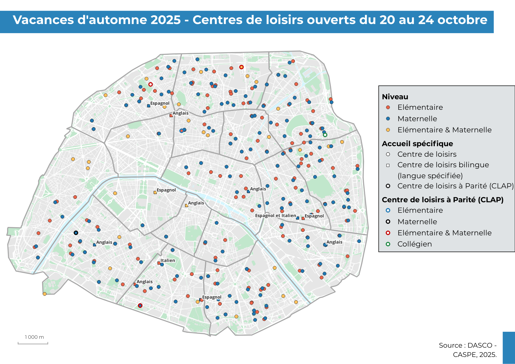 Cartographie indiquant les centres de loisirs ouverts du 20 au 24 octobre.