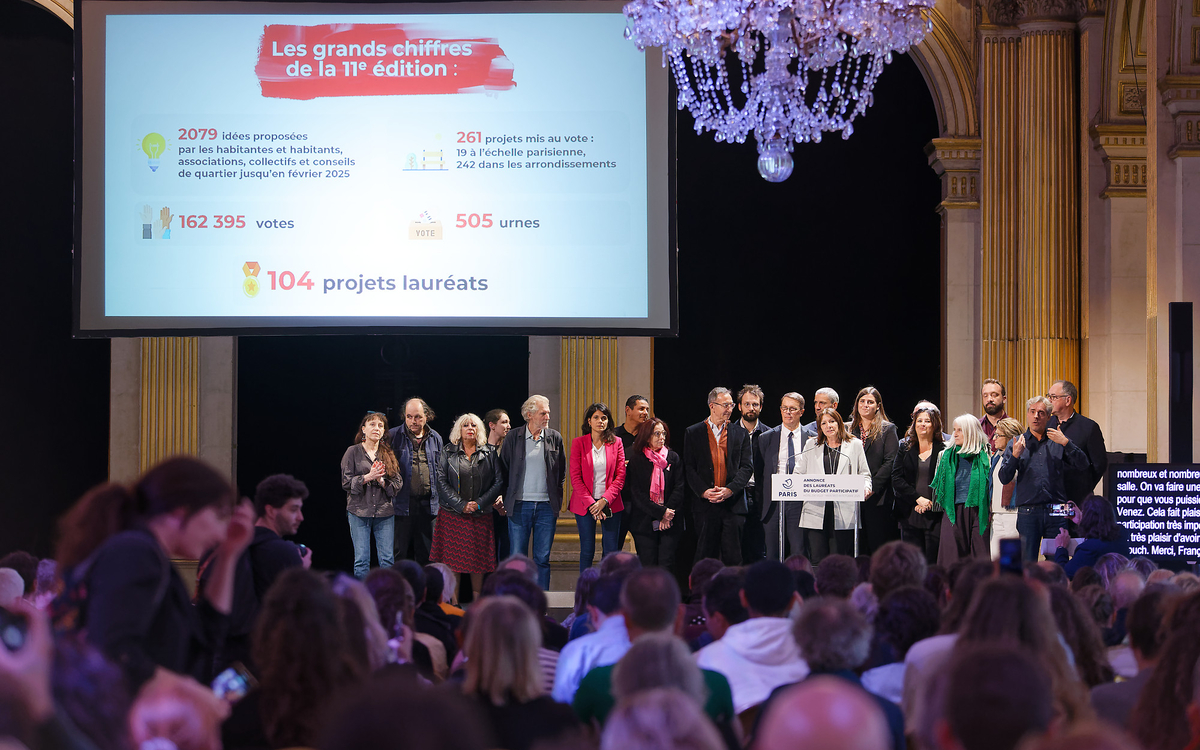 Les lauréats du budget participatif 2025 entourés de Anne Hidalgo.