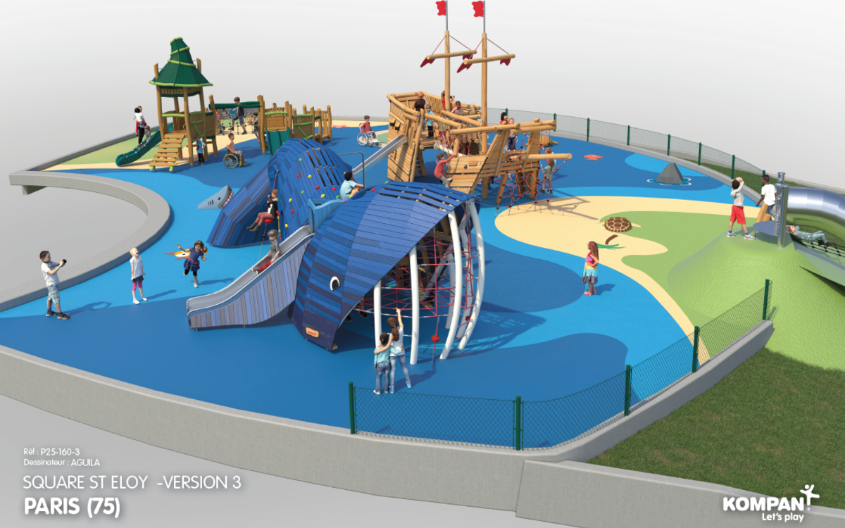 Une vue d'architecture d'un square équipé de jeux d'enfants spectaculaires en forme de baleine et de bâteau pirate