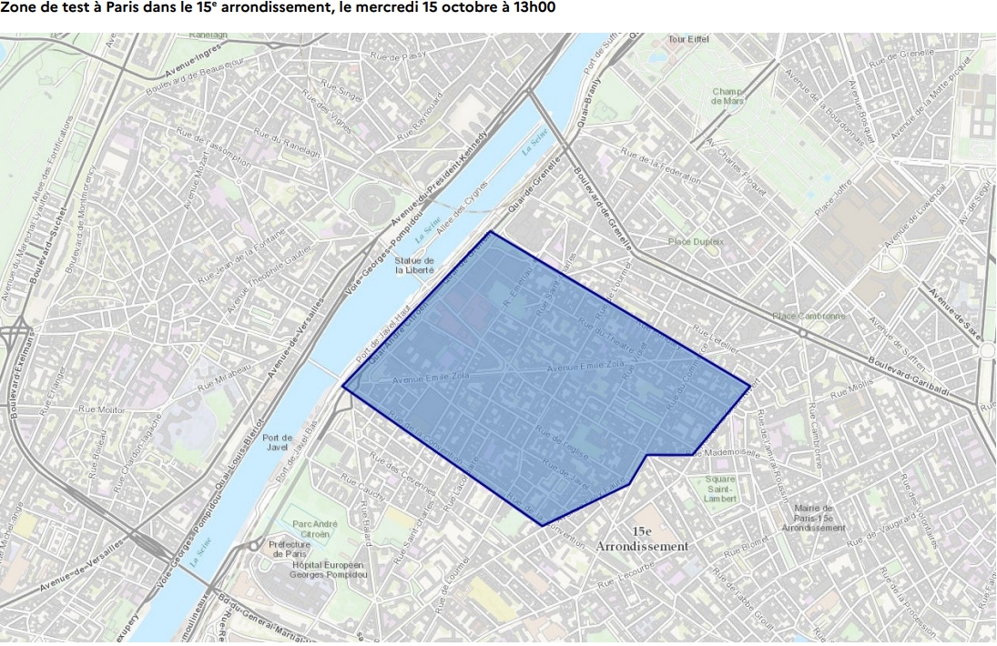 Carte montrant une zone, dans le quartier de Beaugrenelle, dans le 15e arrondissement de Paris.
