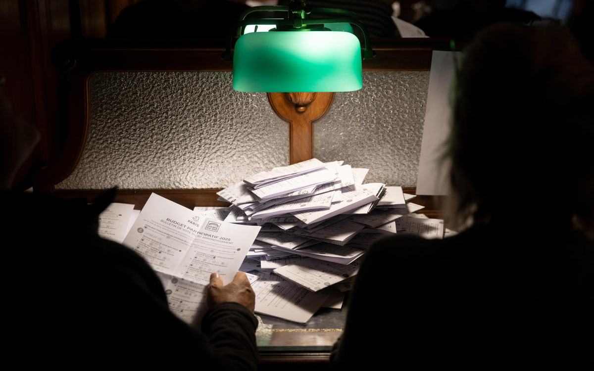 Personnes de dos en train dépouiller les bulletins de vote du budget participatif