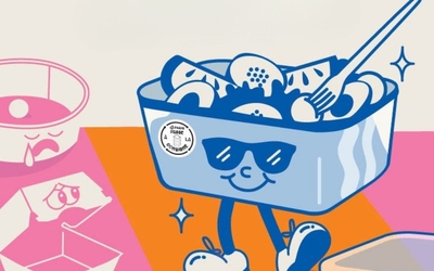 boite alimentaire avec des pieds et des lunettes de soleil