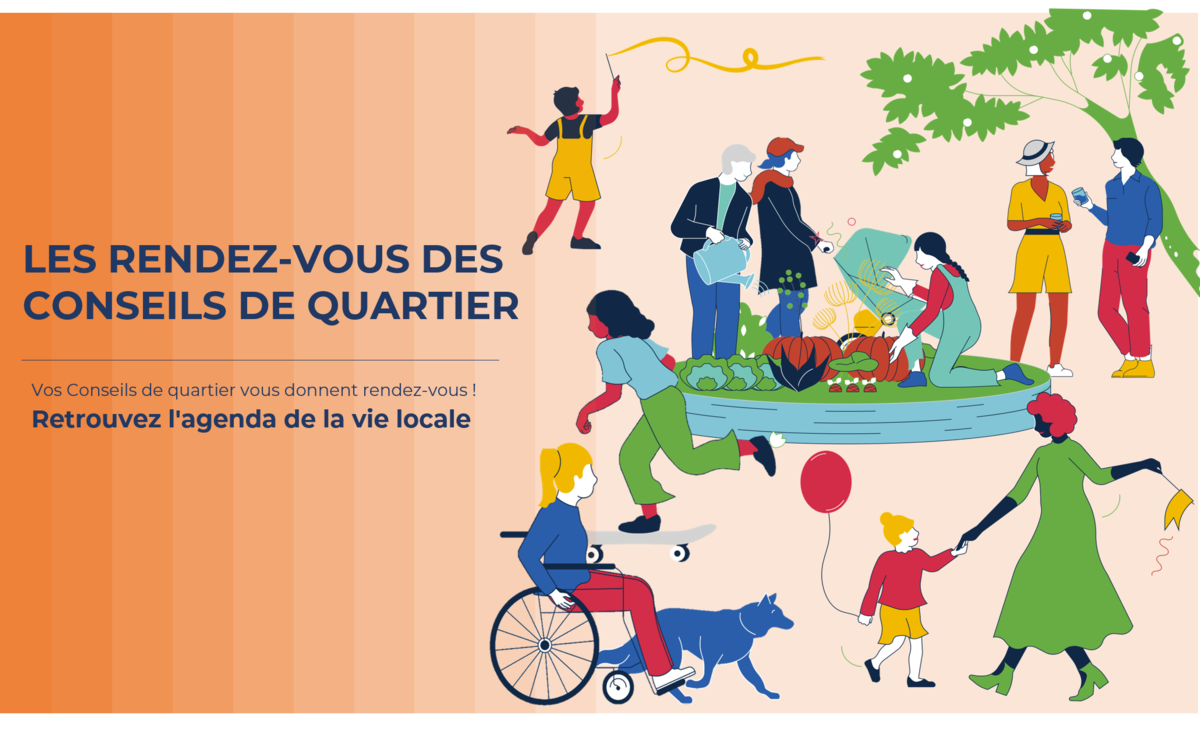 Visuel Rendez-vous des Conseils de quartier avec un degradé d'orange et des personnages qui marchent, dansent, se rencontrent