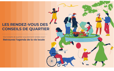 Visuel Rendez-vous des Conseils de quartier avec un degradé d'orange et des personnages qui marchent, dansent, se rencontrent