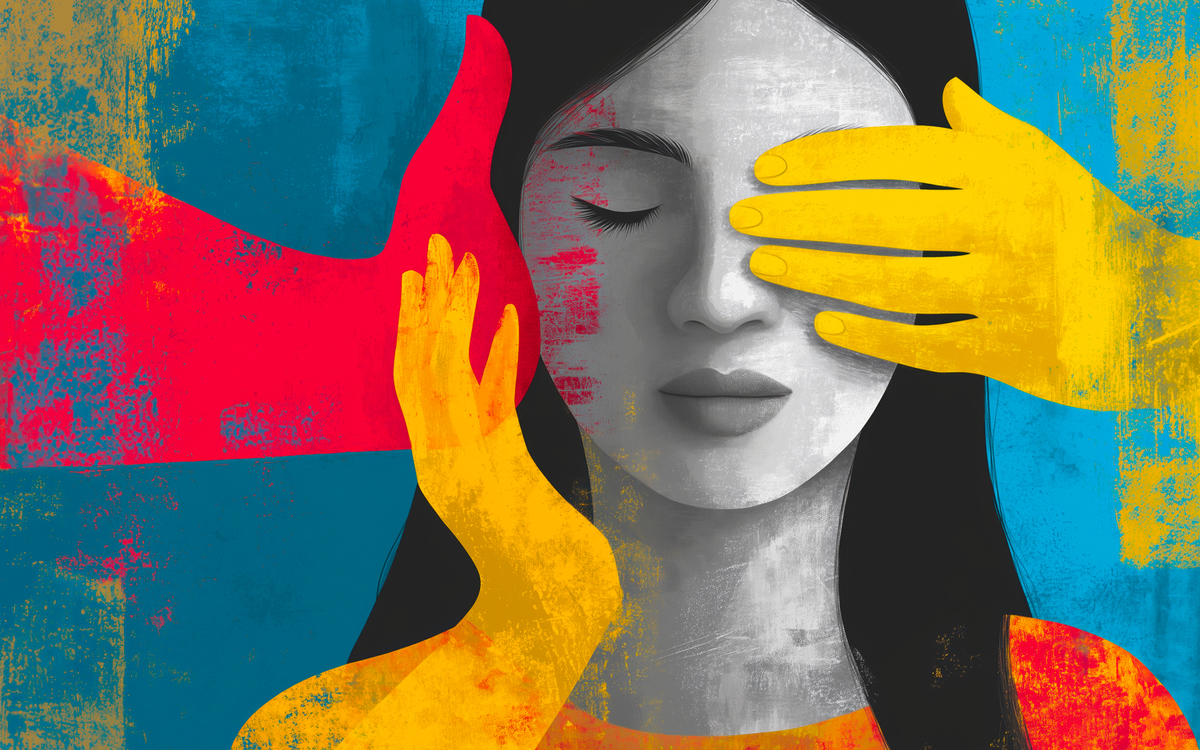 Peinture d'une jeune femme en noir et blanc. Des mains colorées l'entourent. Une est posée sur son oeil et deux autre sont posées sur son oreille. Le fond est aussi coloré.