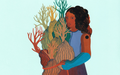 Peinture d'Otobong Nkanga représentant une femme tenant dans ses bras des arbres enracinés