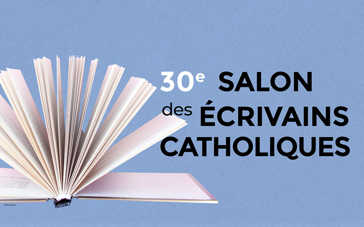 Titre de l'événement avec fond bleu et un livre ouvert