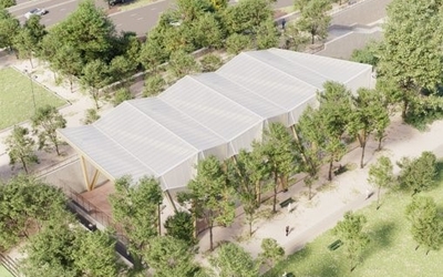 Un skate park sis au coeur d'un parc, vu du ciel 