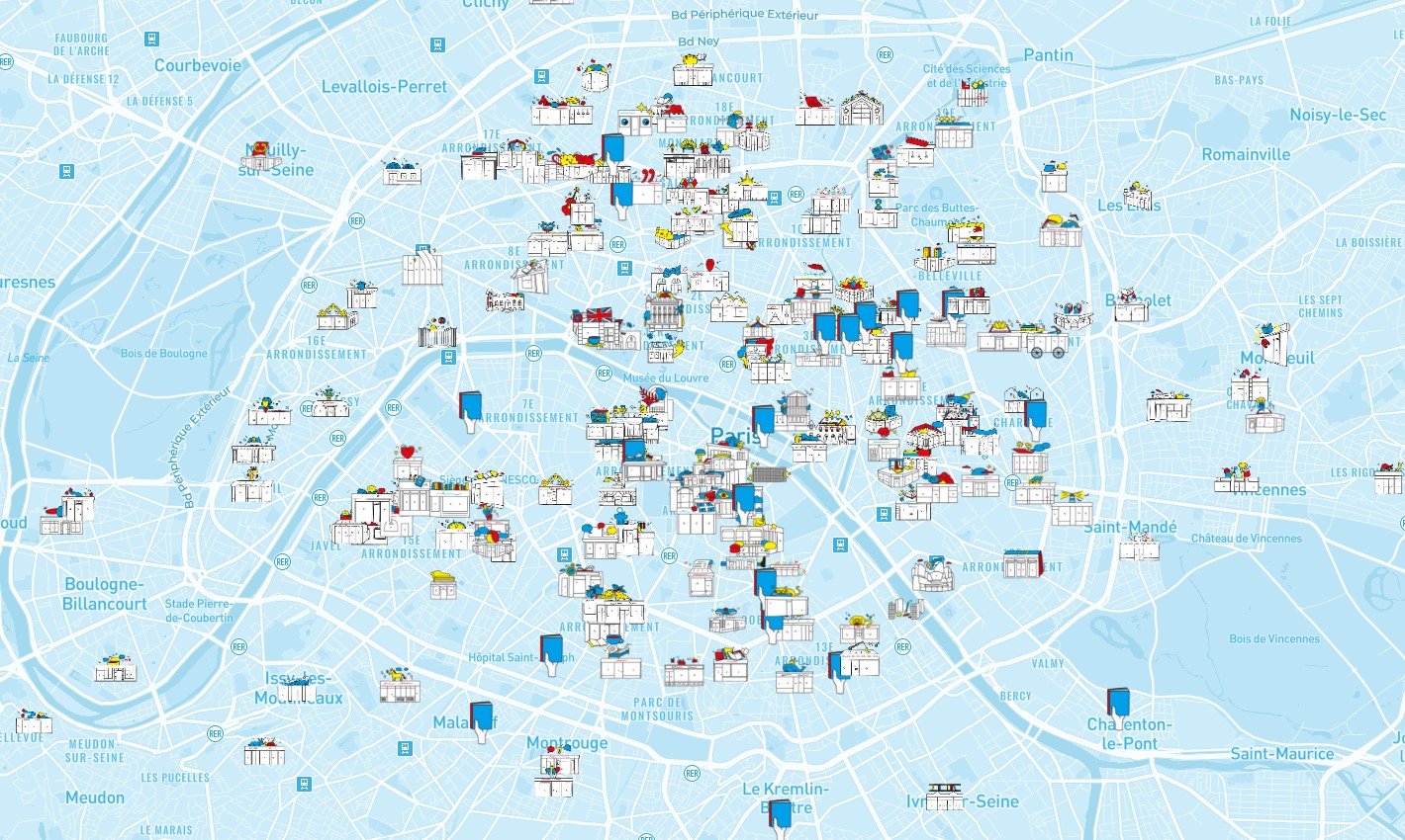 Carte de Paris avec des librairies jeunesse, BD...