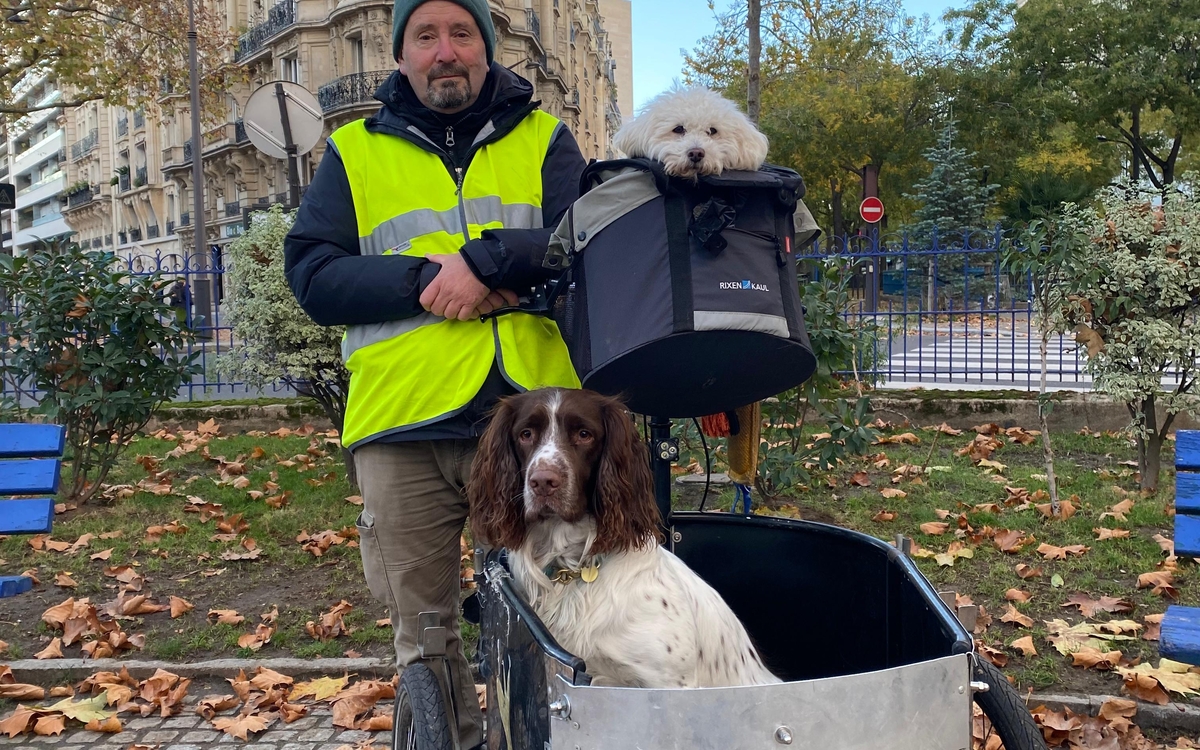 un médiateur canin avec son triporteur de travail contenant deux chiens