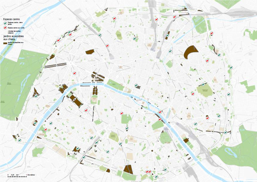 Une carte indiquant les espaces parisiens accessibles aux chien en novembre 2025