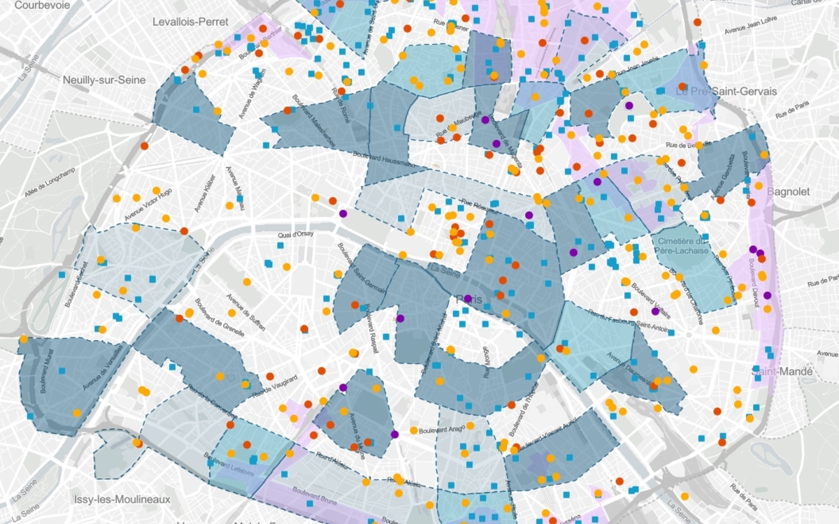 Carte de Paris avec différents points permettant de marquer l'emplacement des investissements prévus en 2026 par le budget de la Ville de Paris.