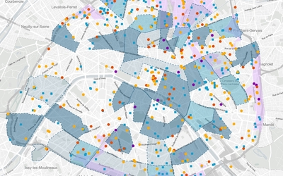 Carte de Paris avec différents points permettant de marquer l'emplacement des investissements prévus en 2026 par le budget de la Ville de Paris.