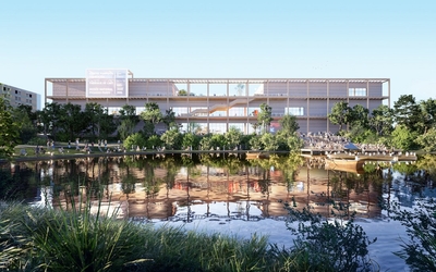 Bâtiment du Centre Pompidou Francilien – fabrique de l’art, près d'un étang