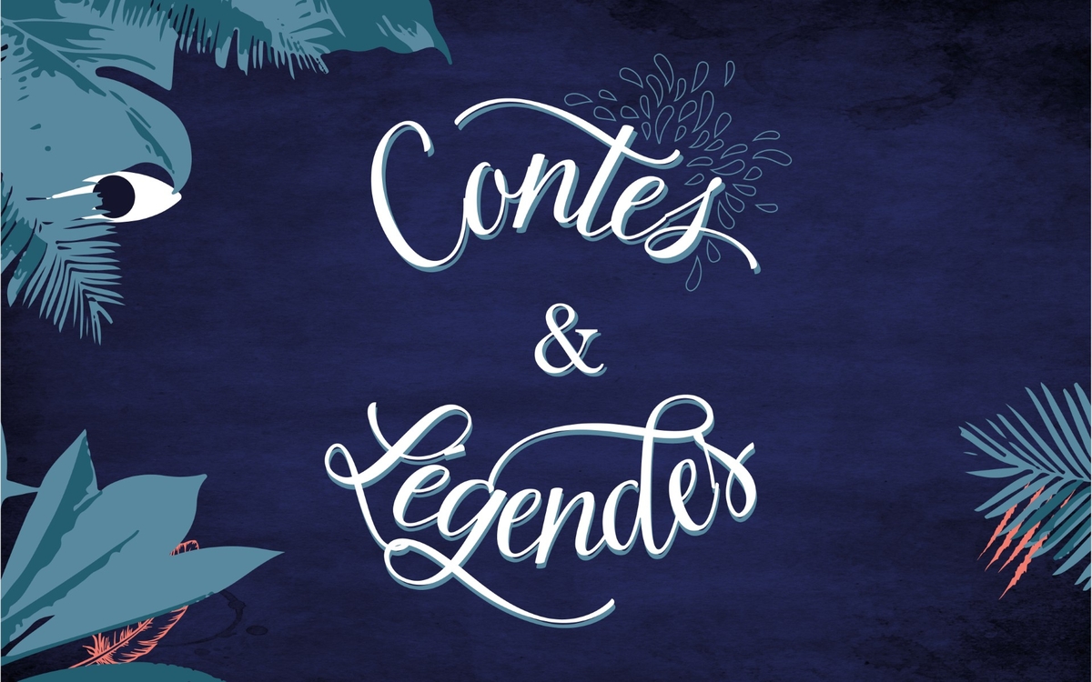 Illustration avec écrit au milieu "Contes et Légendes". Des feuilles un peu sauvages sont dessinées sur les côtés