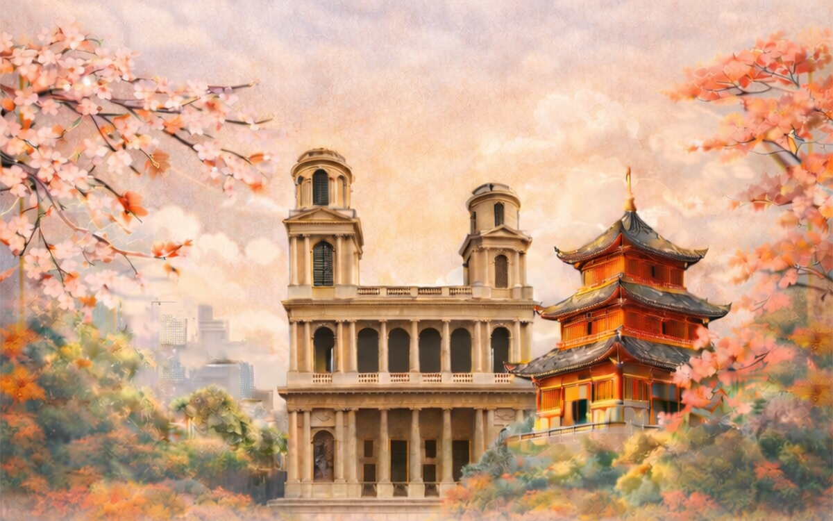 Illustration de l'Eglise Saint-Sulpice avec un temple et des cerisiers. 