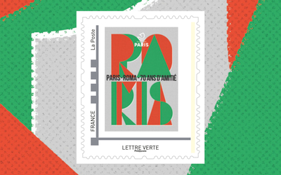 Timbre rouge et vert Paris-Rome.