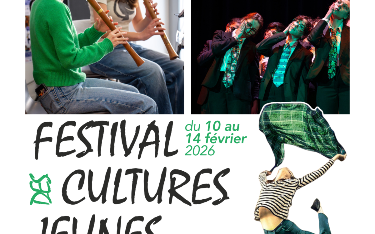 Affiche du festival avec pour titre "Festival des Cultures Jeunes" accompagné de trois photos. Une montrant des jeunes jouant de la flûte, la deuxième montre des jeunes danseurs faisant une chorégraphie sur scène et la dernière est une photo d'une jeune femme en train de sauter, tenant une chemise avec les bras levés