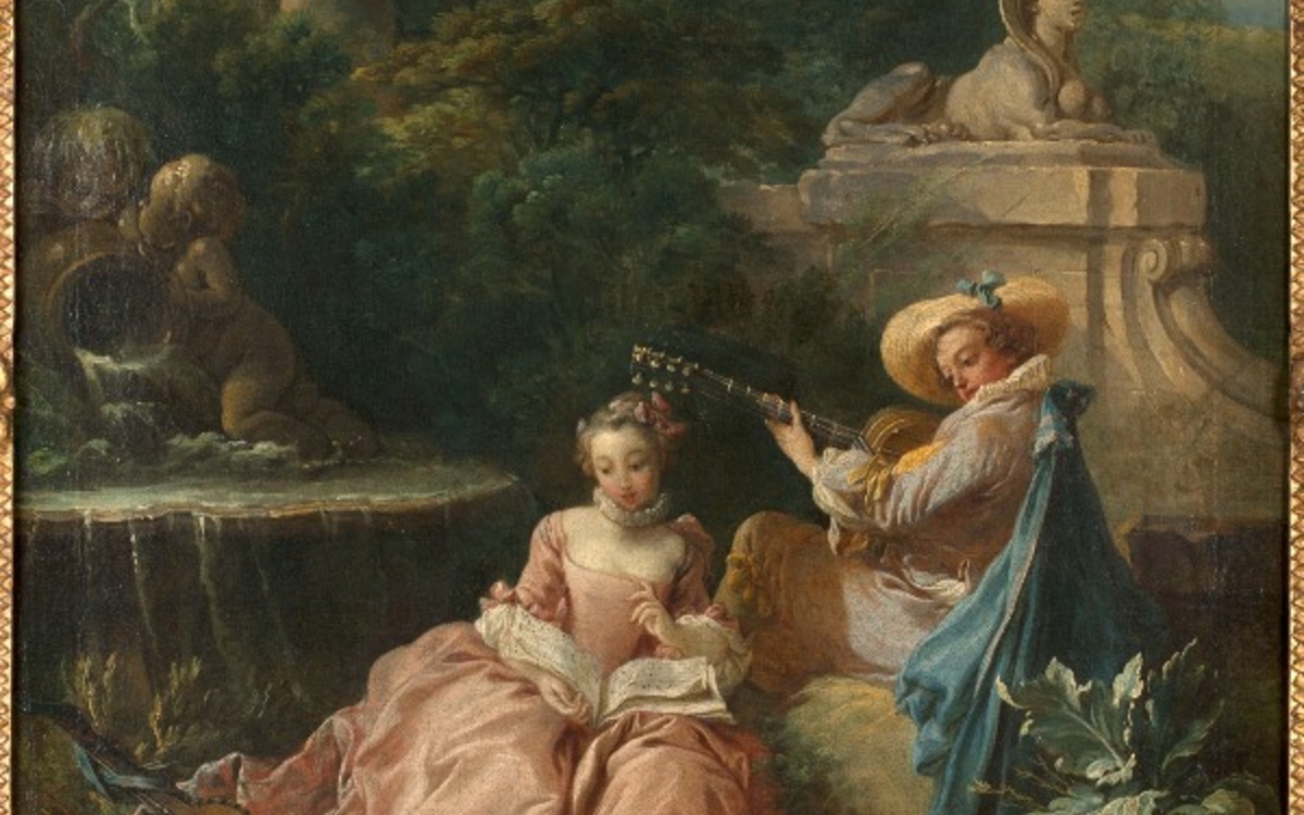 Tableau de François Boucher représentant deux jeunes gens en train d'étudier leurs leçons de musique