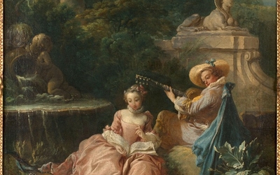 Tableau de François Boucher représentant deux jeunes gens en train d'étudier leurs leçons de musique