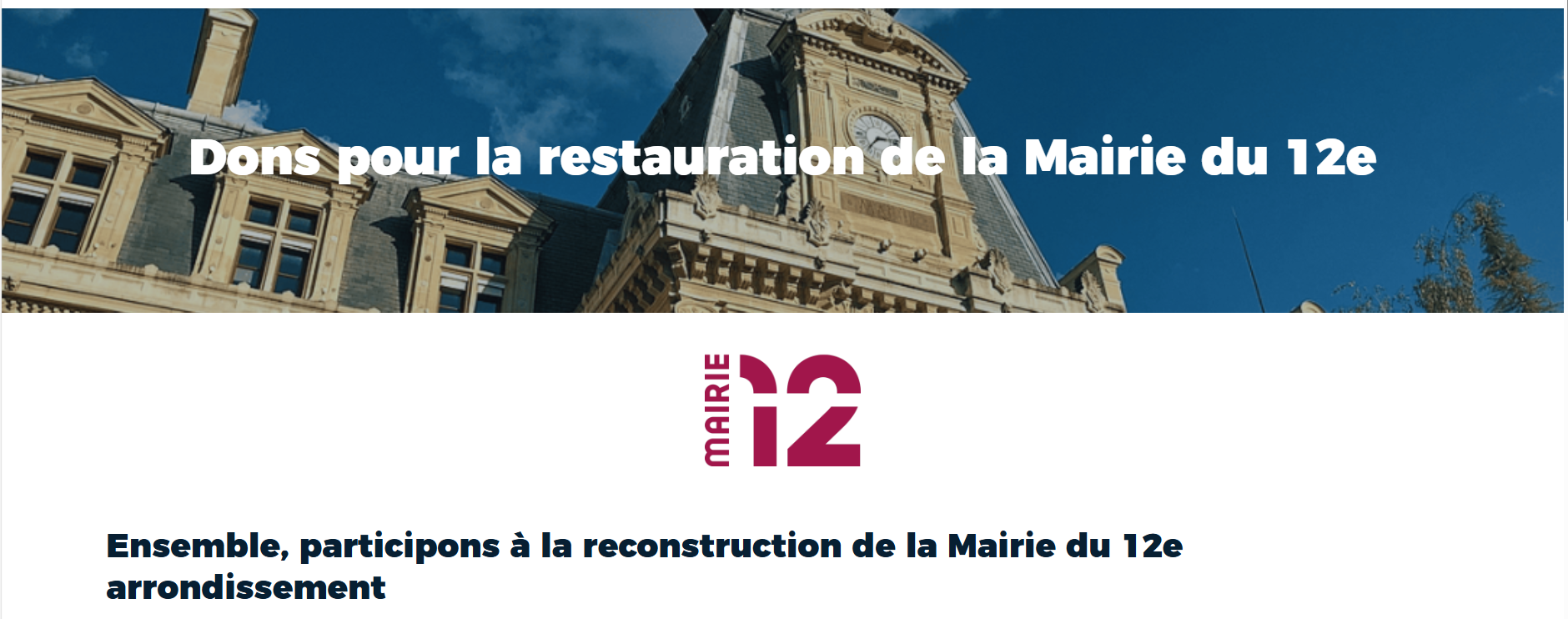 La capture de la page d'accueil plateforme recueil de dons restauration mairie du 12e