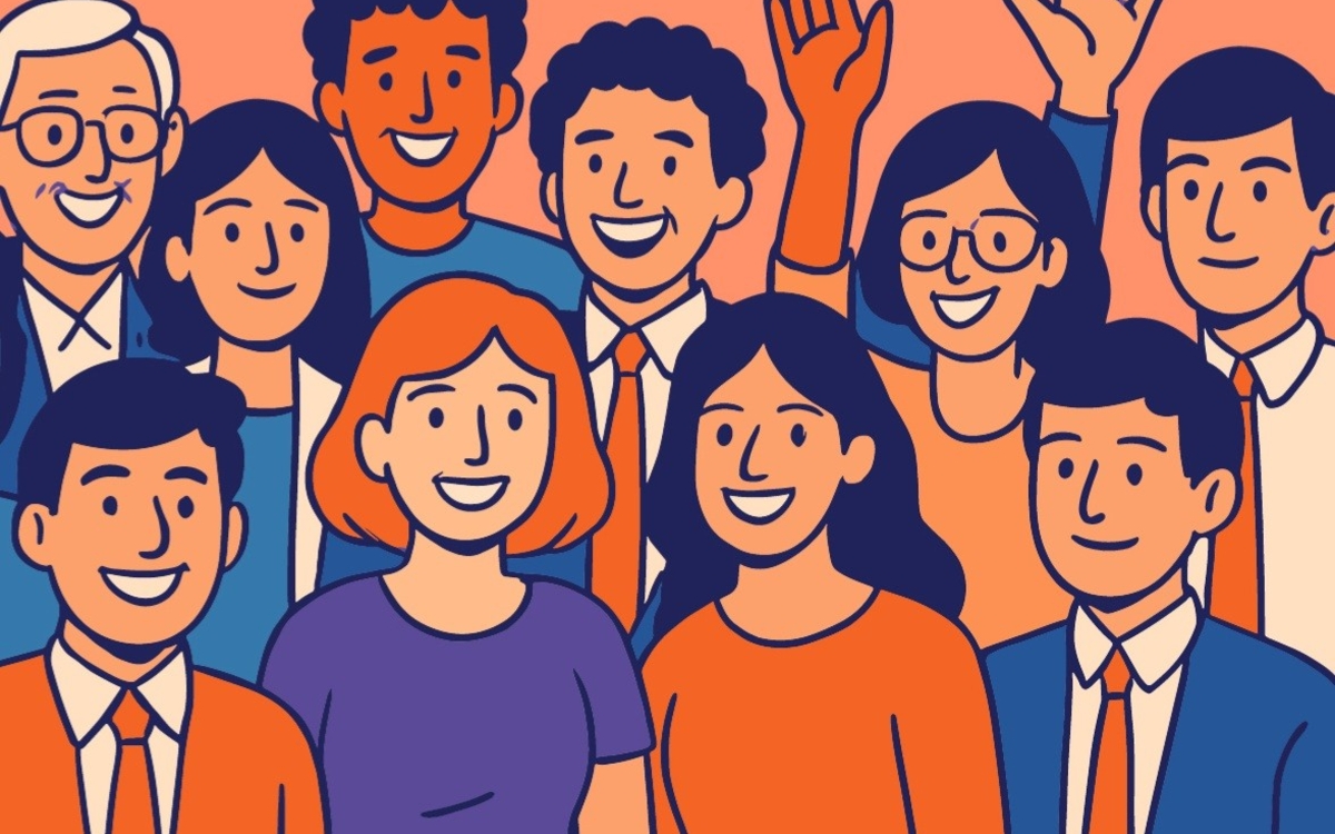 Il s'agit d'une illustration. Il y apparaît un groupe de personne souriant