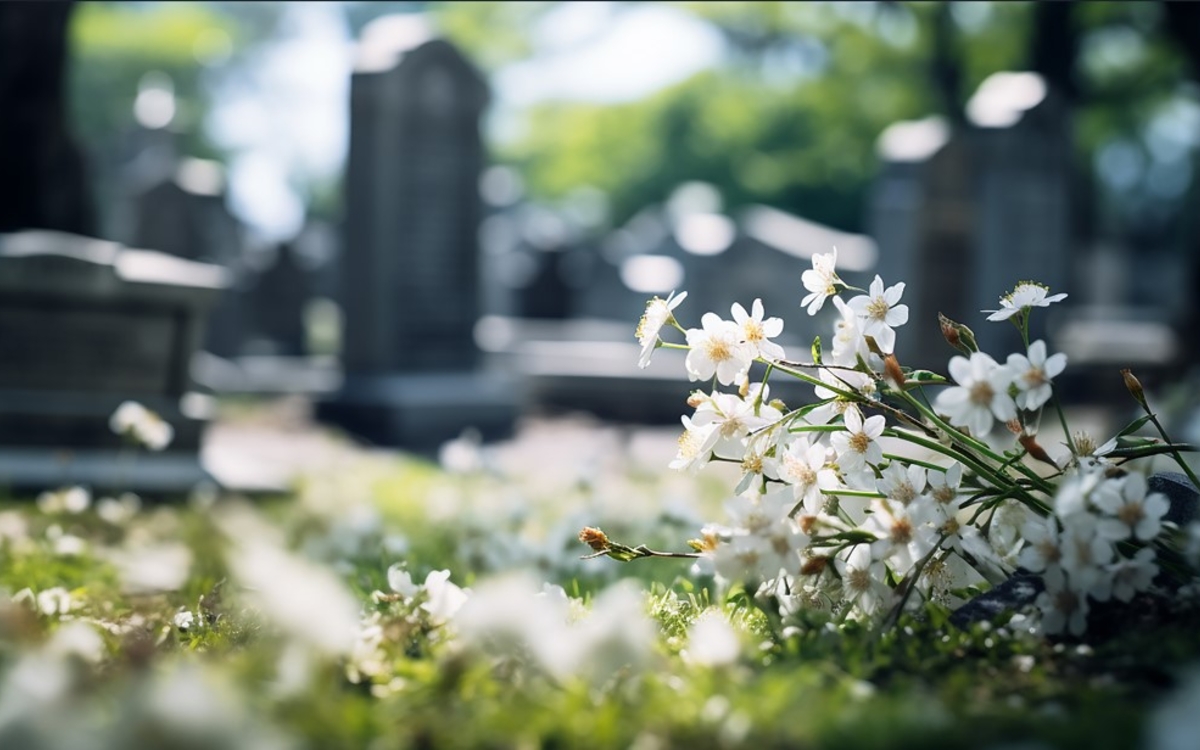 Photo d'un cimetière avec des marguerites posées sur une tombe en premier plan