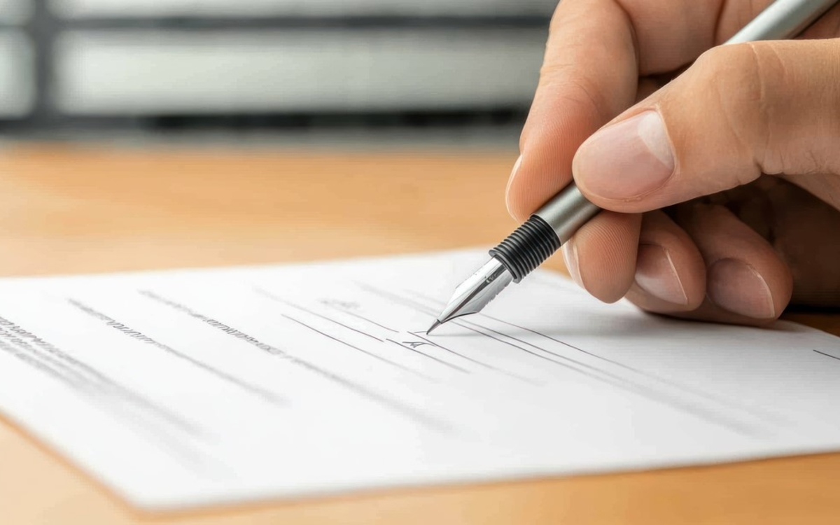 Photo d'une main qui signe un contrat papier