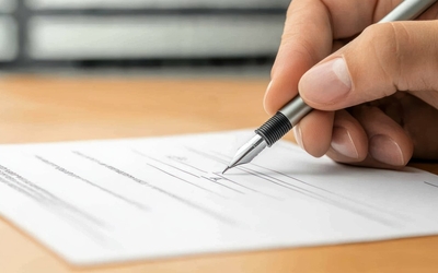 Photo d'une main qui signe un contrat papier