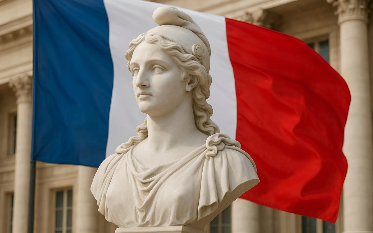 Photographie d'une statue de Marianne qui porte le bonnet frégien. Derrière elle se trouve le drapeau tricolore. 
