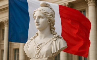 Photographie d'une statue de Marianne qui porte le bonnet frégien. Derrière elle se trouve le drapeau tricolore. 