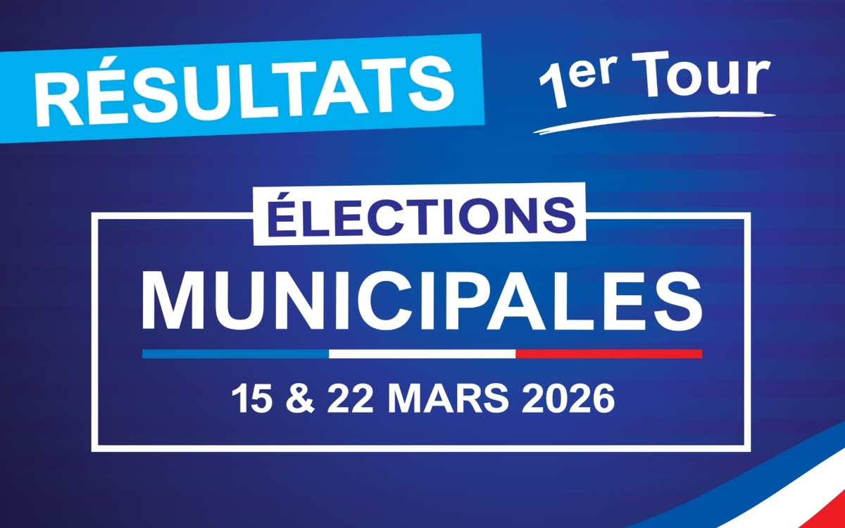 Visuel avec un fond bleu et un texte écrit "Résultats du 1er tour des élections municipales" avec les dates des élections (15 & 22 mars 2026). Au milieu de l'image et sur le côté en bas à droite se trouve le drapeau tricolore français.