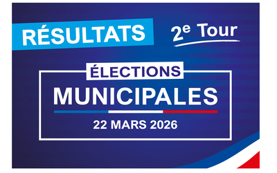 Affiche avec pour texte central "Elections municipales 22 mars 2026" avec le drapeau tricolore au milieu. Au dessus nous pouvons lire "Résultats 2e Tour". En bas à droite se trouve le drapeau tricolore à l'angle.