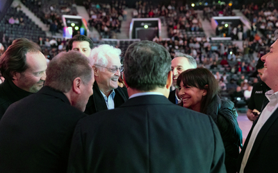 Anne Hidalgo, Jean-Marc Germain et Lionel Jospin lors de l'inauguration de l'Arena porte de la Chapelle à Paris.