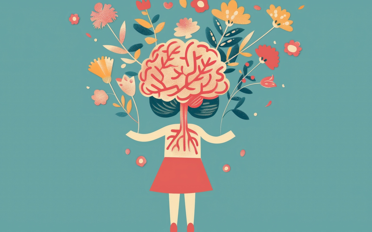 petite fille de dos avec cerveau en fleurs