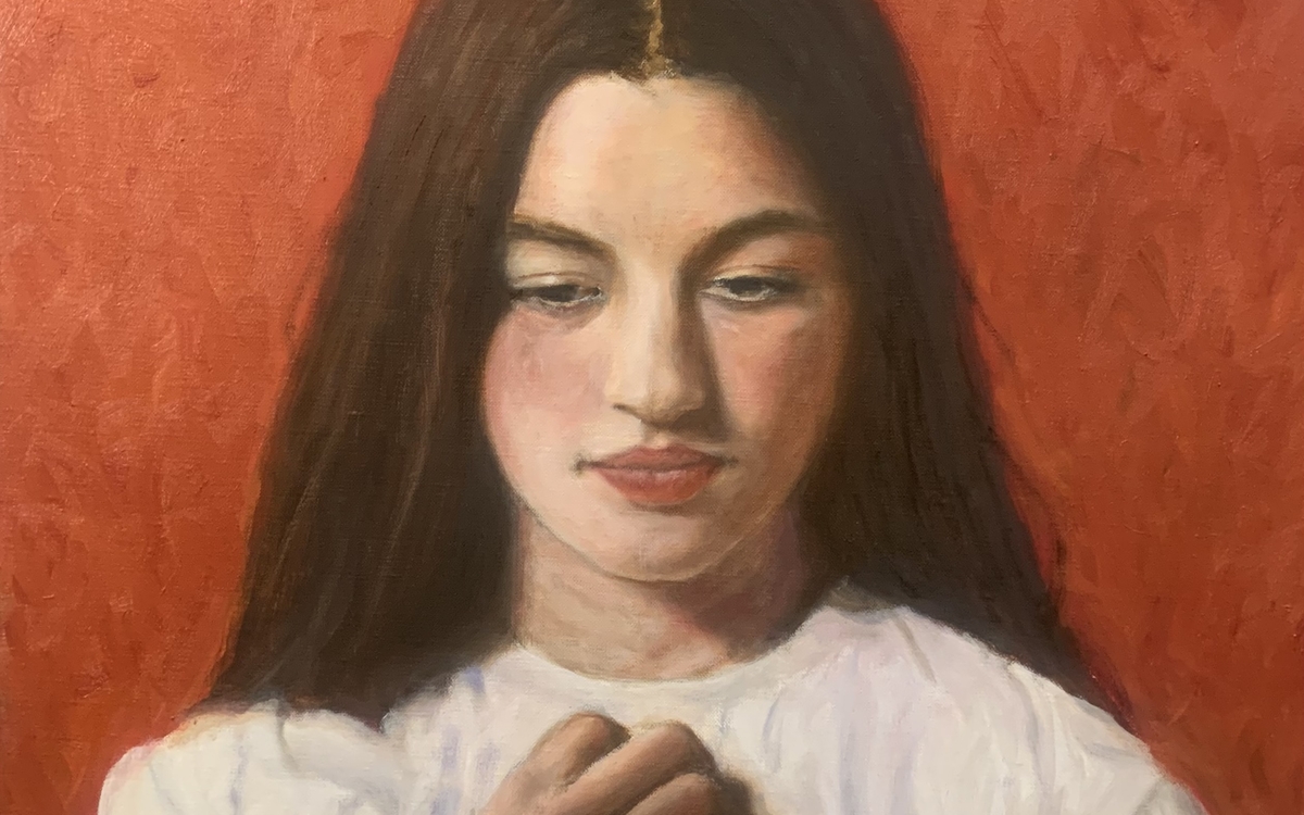 Peinture de l'exposition. Elle représente une jeune femme brune aux cheveux longs qui regarde vers le bas avec un haut blanc, pensive. Le fond est rouge.