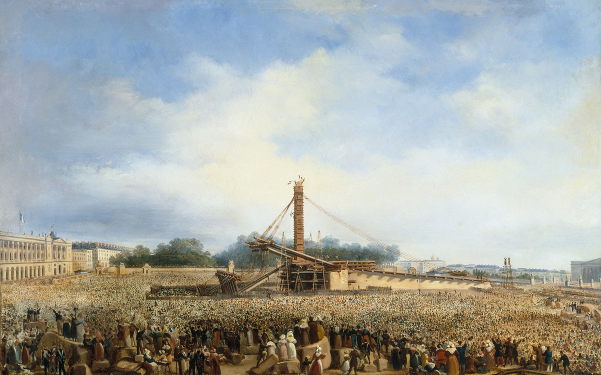 Peinture représentant le montage d'un obélisque sur une place