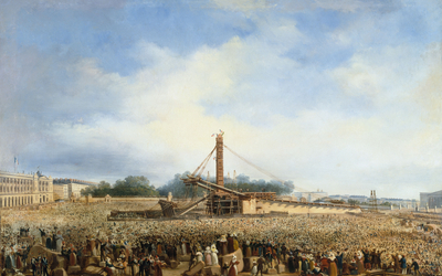 Peinture représentant le montage d'un obélisque sur une place