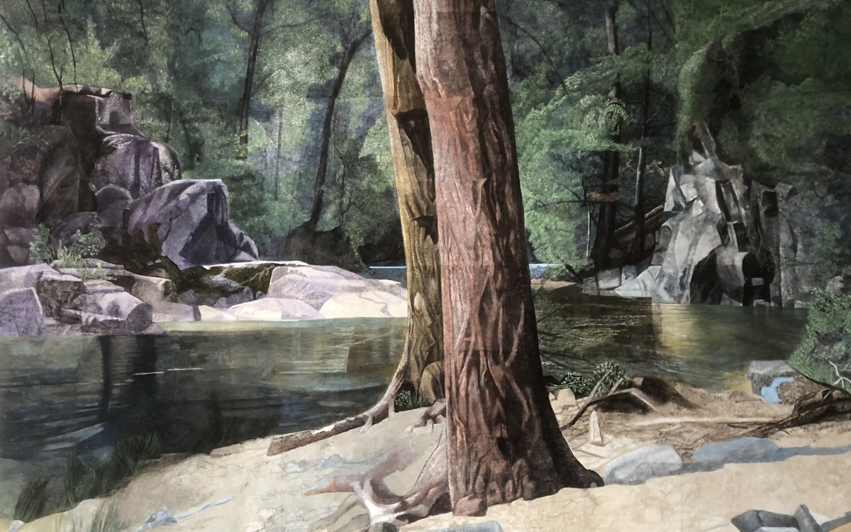 Peinture de l'artiste qui montre une forêt en plein jour. On y aperçoit des arbres à côté d'une étendue d'eau. 