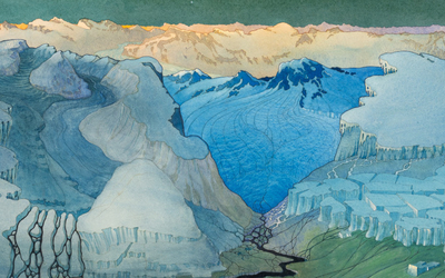 Oeuvre de Carl Johan Forsberg représentant une vue aérienne de glaciers