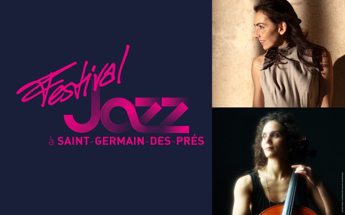 Photographie des deux artistes, Charlotte Reinhardt et Lola Malique. A leur gauche se trouve le nom de l'événement (Festival Jazz à Saint-Germain-des-Prés)