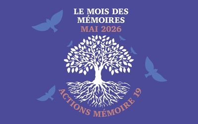 Un arbre blanc, des oiseaux qui s'envolent sur un fond bleu et une inscription "Le Mois des Mémoires Mai 2026 Actions Mémoire 19"