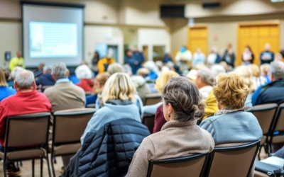 Public regardant une présentation dans un préau d'école 