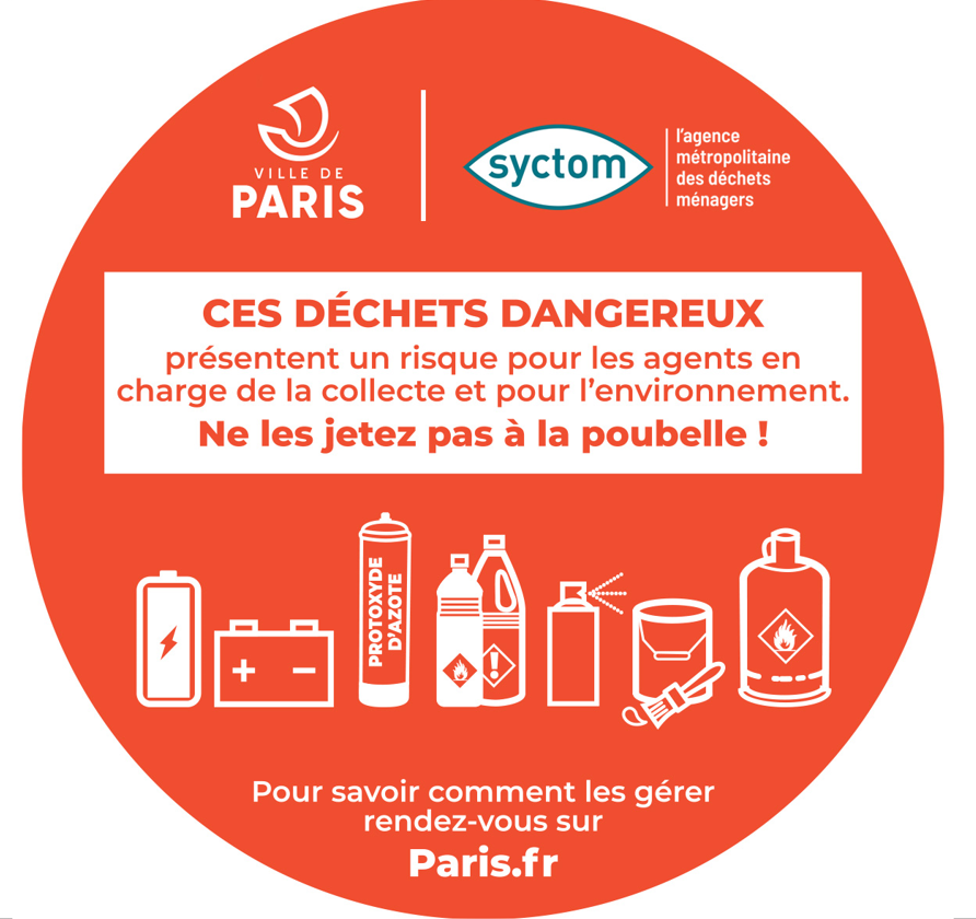 Sticker déchets dangereux avec la représentation de ce qu'il ne faut pas jeter dans la poubelle 