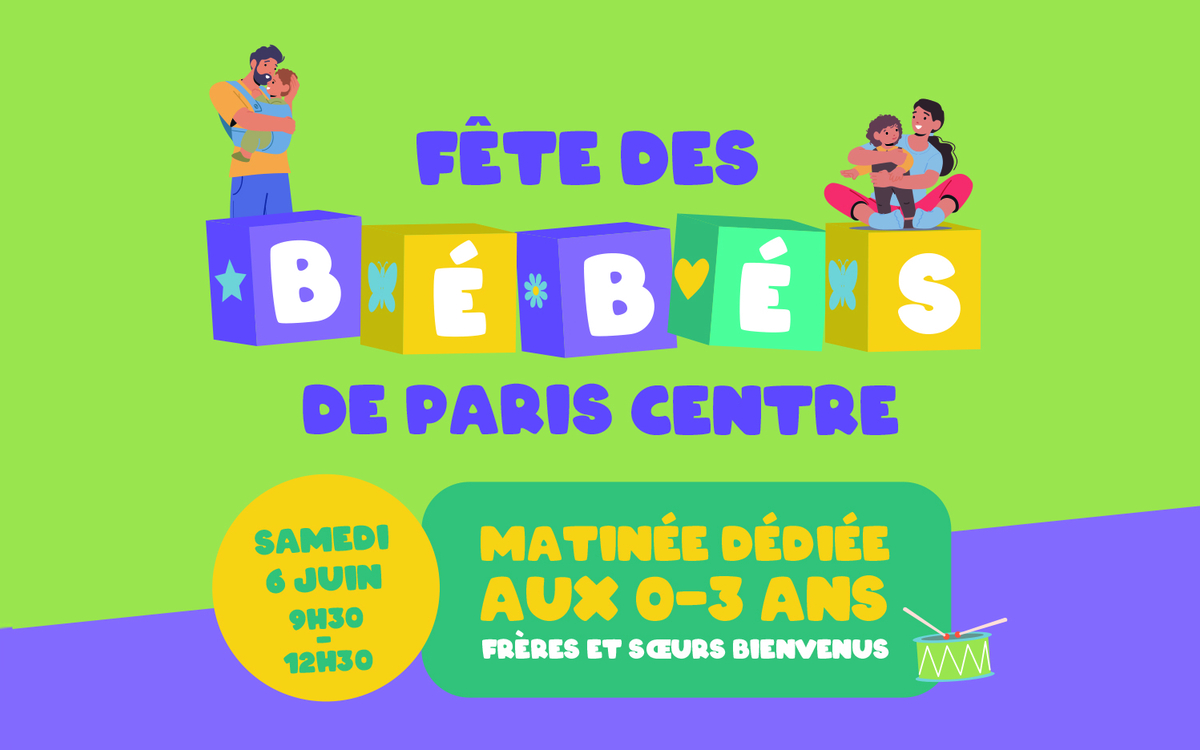 affiche web de la Fête des bébés 2026 à Paris Centre, motif à gros cubes et parent/enfant enlacés
