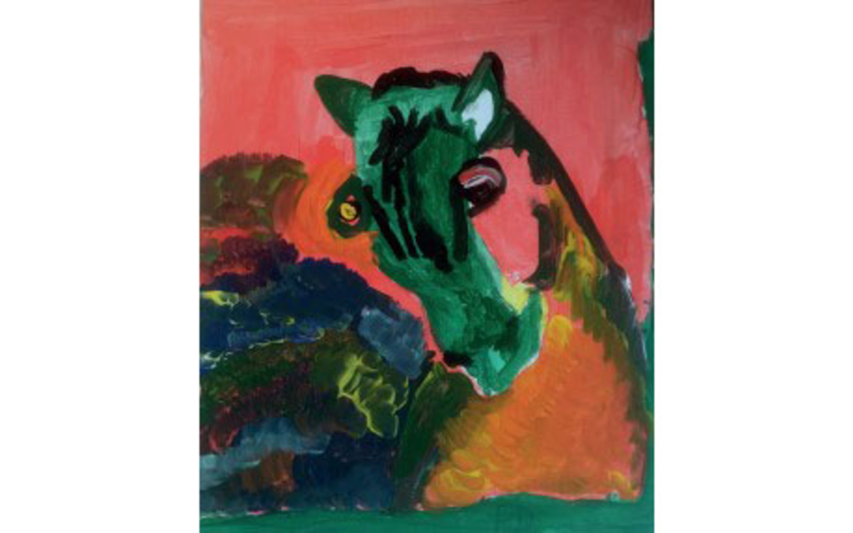 Peinture abstraite montrant un contraste de rouge et de vert. C'est une représentation d'un cheval