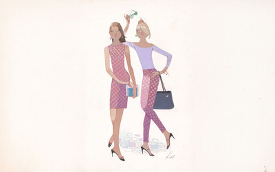 Dessin de l'artiste qui montre deux jeunes femmes prenant la pose. Celle de gauche est brune aux cheveux court et porte une robe rose imprimée à pois blanc. L'autre jeune femme est blonde et à les cheveux attachés sous forme de chignon. Elle porte un haut de couleur lavande avec un pantalon imprimé de la même manière que la robe de l'autre jeune femme. Sa main droite est levée et tient des lunettes vertes. Elles ont toutes les deux un sac à leur main.Dessin de l'artiste qui montre deux jeunes femmes prenant la pose. Celle de gauche est brune aux cheveux court et porte une robe rose imprimée à pois blanc. L'autre jeune femme est blonde et à les cheveux attachés sous forme de chignon. Elle porte un haut de couleur lavande avec un pantalon imprimé de la même manière que la robe de l'autre jeune femme. Sa main droite est levée et tient des lunettes vertes. Elles ont toutes les deux un sac à leur main.