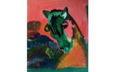 Peinture abstraite montrant un contraste de rouge et de vert. C'est une représentation d'un cheval
