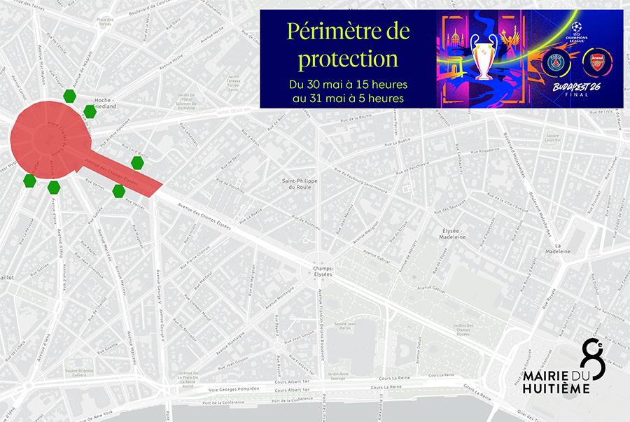 Carte du 8e avec une zone rouge autour de la place de l'Etoile